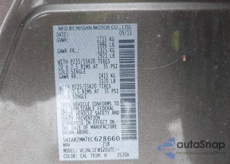 2014 Nissan Pathfinder Platinum from USA, damaged, VIN 5N1AR2MM7EC628660